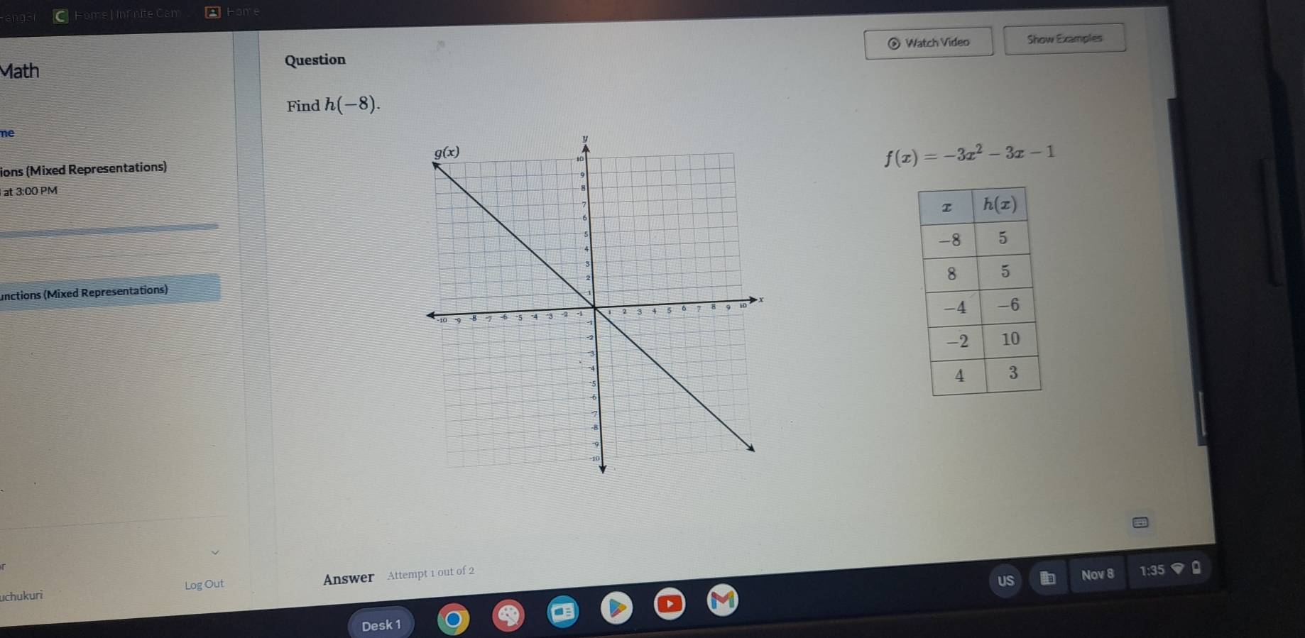 ome l o come
@ Watch Video Show Examples
Question
Math
Find h(-8).
ne
ions (Mixed Representations)
f(x)=-3x^2-3x-1
at 3:00 PM
unctions (Mixed Representations)
uchukuri Log Out Answer Attempt 1 out of 2
Nov 8 1:35 a
Desk 1