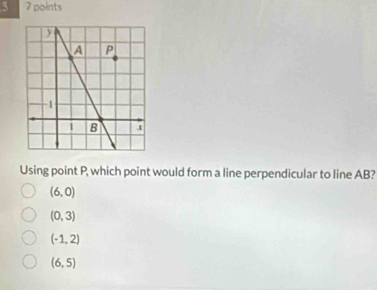 5 2 points
Using point P, which point would form a line perpendicular to line AB?
(6,0)
(0,3)
(-1,2)
(6,5)