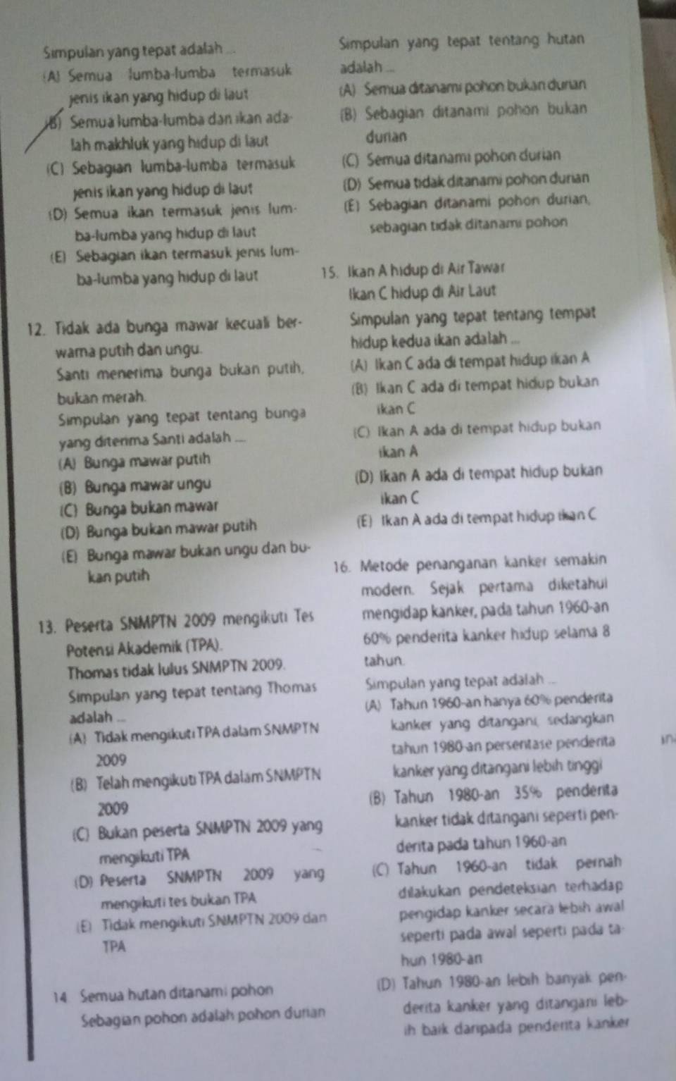 Simpulan yang tepat adalah ... Simpulan yang tepat tentang hutan
(A) Semua lumba-lumba termasuk adalah ...
jenis ikan yang hidup di laut (A) Semua ditanami pohon bukan durian
(B) Semua lumba-lumba dən ıkan ada- (B) Sebagian ditanami pohon bukan
lah makhluk yang hidup di laut durian
(C) Sebagıan lumba-lumba termasuk (C) Semua ditanami pohon durian
jenis ikan yang hidup di laut (D) Semua tidak ditanami pohon durian
(D) Semua ikan termasuk jenis lum- (E) Sebagian ditanami pohon durian,
ba-lumba yang hidup di laut sebagian tidak ditanami pohon
(E) Sebagian ikan termasuk jenis lum-
ba-lumba yang hidup di lau 15. Ikan A hidup di Air Tawar
Ikan C hidup di Air Laut
12. Tidak ada bunga mawar kecuali ber- Simpulan yang tepat tentang tempat
wama putih dan ungu. hidup kedua ikan adalah ...
Santi menerima bunga bukan putih, (A) Ikan C ada di tempat hidup Ikan A
bukan merah. (B) Ikan C ada di tempat hidup bukan
Simpulan yang tepat tentang bunga ikan C
yang diterima Santi adalah .. (C) Ikan A ada di tempat hidup bukan
(A) Bunga mawär putih ikan A
(B) Bunga mawar ungu (D) Ikan A ada di tempat hidup bukan
(C) Bunga bukan mawar ikan C
(D) Bunga bukan mawar putih (E) Ikan A ada di tempat hidup ikan C
(E) Bunga mawar bukan ungu dan bu-
kan putih 16. Metode penanganan kanker semakin
modern. Sejak pertama diketahui
13. Peserta SNMPTN 2009 mengikuti Tes mengidap kanker, pada tahun 1960-an
Potensi Akademik (TPA). 60% penderita kanker hidup selama 8
Thomas tidak lulus SNMPTN 2009. tahun.
Simpulan yang tepat tentang Thomas Simpulan yang tepat adaiah
adalah ... (A) Tahun 1960-an hanya 60% penderita
A Tidak mengikutiTPA dalam SNMPTN kanker yang ditangani, sedangkan
2009 tahun 1980 an persentase penderita
B) Telah mengikuti TPA dalam SNMPTN kanker yang ditangani lebih tinggi
2009 (B) Tahun 1980-an 35% penderta
(C) Bukan peserta SNMPTN 2009 yang kanker tidak ditangani seperti pen-
mengikuti TPA derita pada tahun 1960-an
(D) Peserta SNMPTN 2009 yang (C) Tahun 1960-an tidak pernah
mengikuti tes bukan TPA dilakukan pendeteksian terhadap
(E) Tidak mengikuti SNMPTN 2009 dan pengidap kanker secara lebih awal
TPA seperti pada awal seperti pada ta
hun 1980 an
14 Semua hutan ditanami pohon (D) Tahun 1980-an lebih banyak pen.
Sebagian pohon adalah pohon durian derita kanker yang ditangani leb-
ih baik daripada penderta kanker