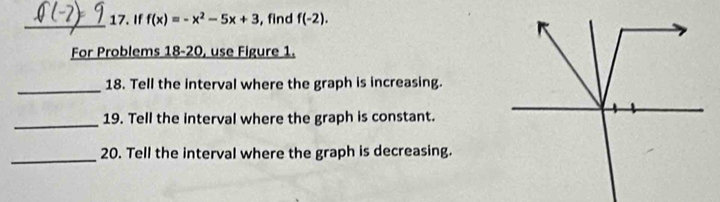 If f(x)=-x^2-5x+3 , find f(-2). 
For Problems 18-20, use Figure 1. 
_18. Tell the interval where the graph is increasing. 
_ 
19. Tell the interval where the graph is constant. 
_ 
20. Tell the interval where the graph is decreasing.