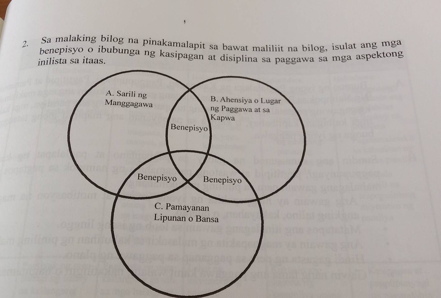 Sa malaking bilog na pinakamalapit sa bawat maliliit na bilog, isulat ang mga 
benepisyo o ibubunga ng kasipagan at disiplina sa paggawa sa mga aspektong 
inilista sa itaas.