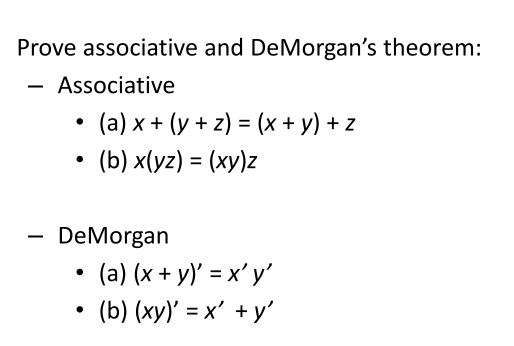 Prove associative and DeMorgan’s theorem:
— Associative
(a) x+(y+z)=(x+y)+z
(b) x(yz)=(xy)z
- DeMorgan
(a)(x+y)'=x'y'
(b)(xy)'=x'+y'