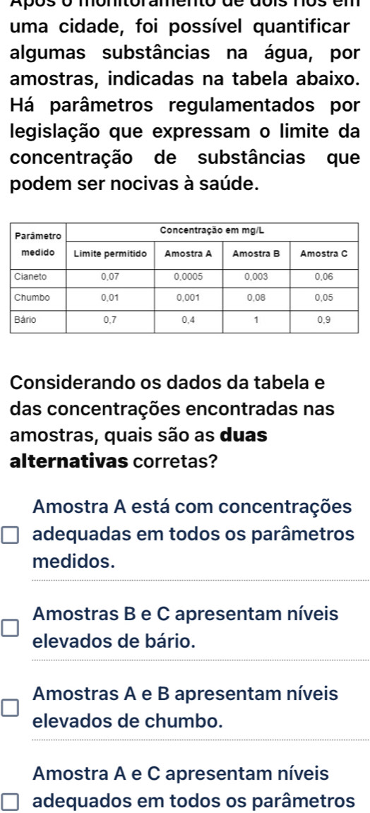 Após o mómitóramento de
uma cidade, foi possível quantificar
algumas substâncias na água, por
amostras, indicadas na tabela abaixo.
Há parâmetros regulamentados por
legislação que expressam o limite da
concentração de substâncias que
podem ser nocivas à saúde.
Considerando os dados da tabela e
das concentrações encontradas nas
amostras, quais são as duas
alternativas corretas?
Amostra A está com concentrações
adequadas em todos os parâmetros
medidos.
Amostras B e C apresentam níveis
elevados de bário.
Amostras A e B apresentam níveis
elevados de chumbo.
Amostra A e C apresentam níveis
adequados em todos os parâmetros