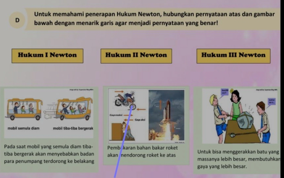 Untuk memahami penerapan Hukum Newton, hubungkan pernyataan atas dan gambar
D bawah dengan menarik garis agar menjadi pernyataan yang benar!
Hukum I Newton Hukum II Newton Hukum III Newton
Pada saat mobil yang semula diam tiba- Pemb karan bahan bakar roket
tiba bergerak akan menyebabkan badan akan nendorong roket ke atas Untuk bisa menggerakkan batu yang
para penumpang terdorong ke belakang massanya lebih besar, membutuhkan
gaya yang lebih besar.