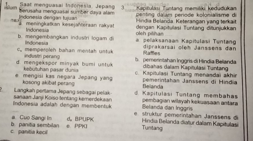 Saat menguasal Indonesia, Jepang 3 Kapitulası Tuntang memilıkı kedudukan
islum berusaha menguasai sumber daya alam penting dalam periode kolonialisme di
Indonesia dengan tujuan Hindia Belanda Keterangan yang terkait
6
meningkatkan kesejähteraan rakyat dengan Kapitulasi Tuntang ditunjukkan
Indonesia oleh pilihan
b. mengembangkan industri logam di a pelaksanaan Kapitulasi Tuntang
Indonesia diprakarsai oleh Janssens dan
c.memperoleh bahan mentah untuk Raffles
industri perang b pemerintahan Inggris di Hindia Belanda
d. mengekspor minyak bumi untuk dibahas dalam Kapitulasi Tuntang
kebutuhan pasar dunia cKapitulasi Tuntang menandai akhir
e mengisi kas negara Jepang yang pemerintahan Janssens di Hindia
kosong akibat perang Belanda
2. Langkah pertama Jepang sebagai pelak- d Kapitulasi Tuntang membahas
sanaan Janji Koiso tentang kemerdekaan pembagian wilayah kekuasaan antara
Indonesia adalah dengan membentuk Belanda dan Inggris
e struktur pemerintahan Janssens di
a Cuo Sangi In d。 BPUPK Hindia Belanda diatur dalam Kapitulasi
b. panitia sembilan e PPKI Tuntang
cpanitia kecil