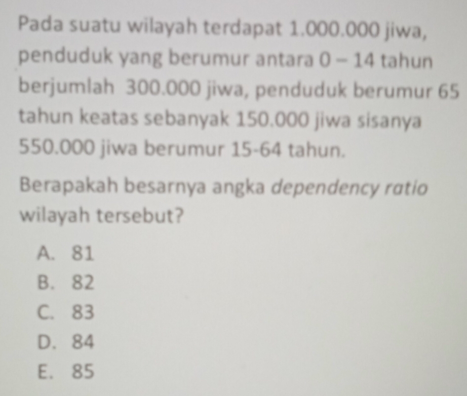 Pada suatu wilayah terdapat 1.000.000 jiwa,
penduduk yang berumur antara 0-14 tahun
berjumlah 300.000 jiwa, penduduk berumur 65
tahun keatas sebanyak 150.000 jiwa sisanya
550.000 jiwa berumur 15-64 tahun.
Berapakah besarnya angka dependency ratio
wilayah tersebut?
A. 81
B. 82
C. 83
D. 84
E. 85