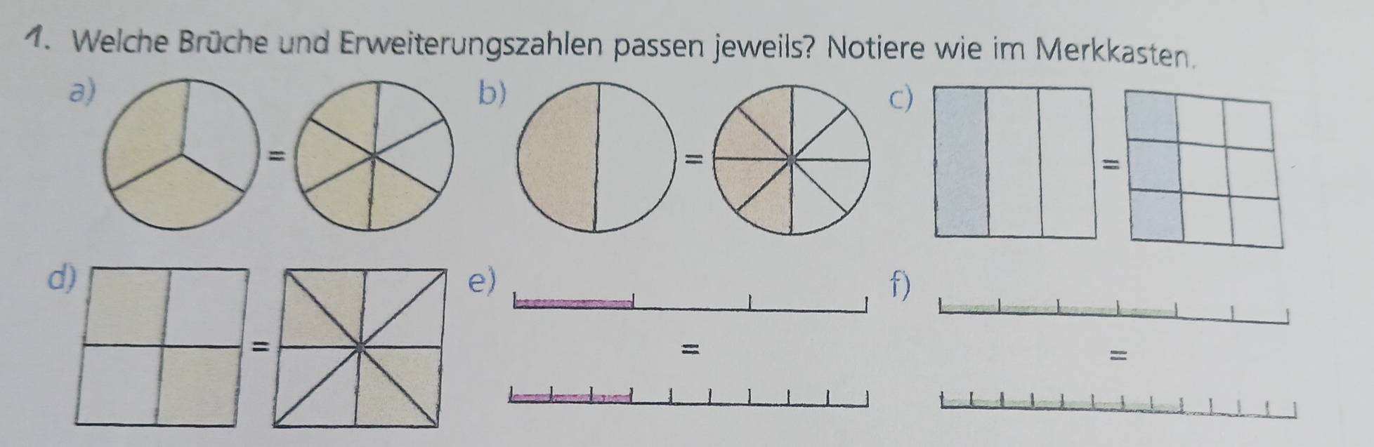 Welche Brüche und Erweiterungszahlen passen jeweils? Notiere wie im Merkkasten. 
a 
b) 
c) 
= 
= 
d) 
e) 
f 
= 
= 
=