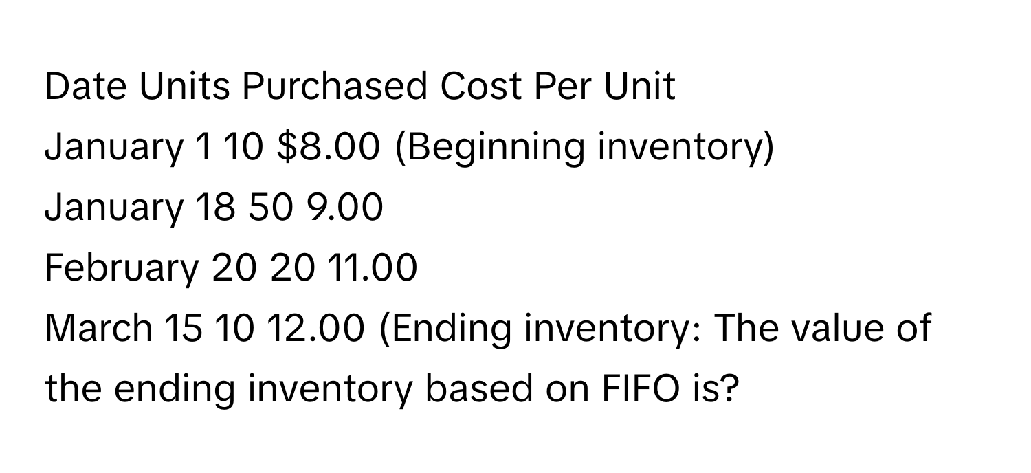 Date Units Purchased Cost Per Unit
January 1 10 $8.00 (Beginning inventory)
January 18 50 9.00
February 20 20 11.00
March 15 10 12.00 (Ending inventory: The value of the ending inventory based on FIFO is?