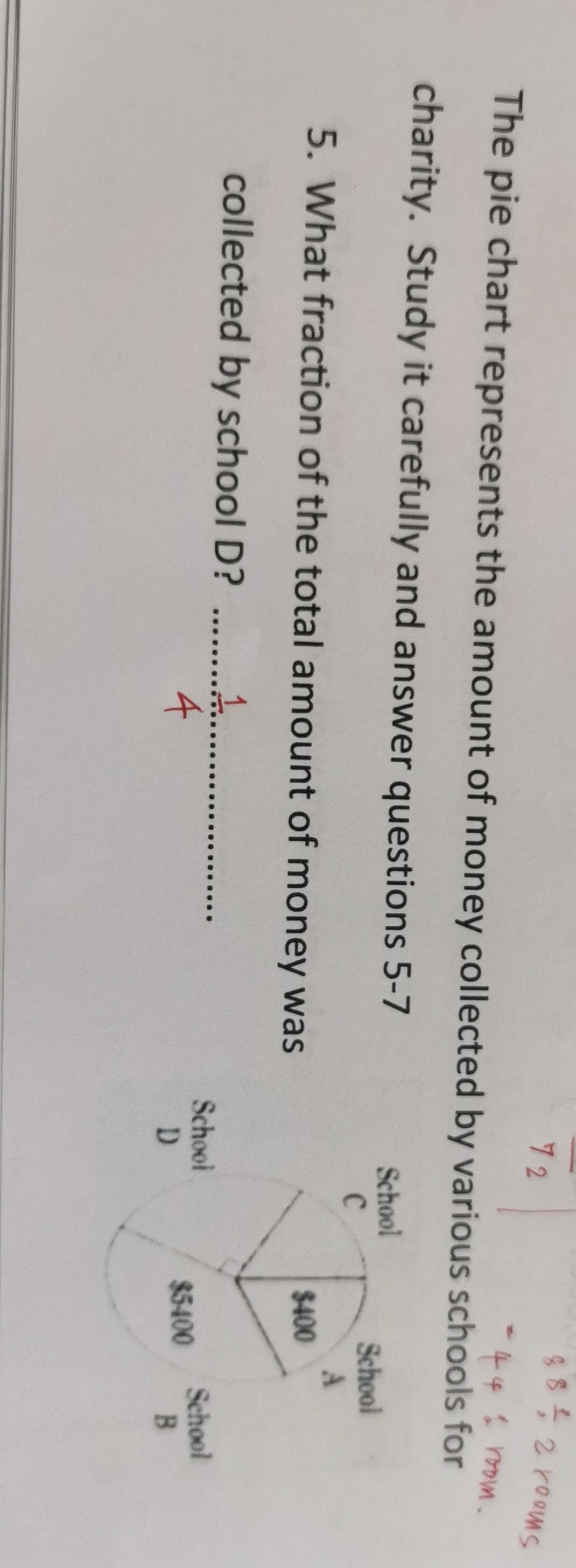 The pie chart represents the amount of money collected by various schools for 
charity. Study it carefully and answer questions 5-7 
5. What fraction of the total amount of money was 
collected by school D?_