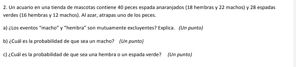 Un acuario en una tienda de mascotas contiene 40 peces espada anaranjados (18 hembras y 22 machos) y 28 espadas 
verdes (16 hembras y 12 machos). Al azar, atrapas uno de los peces. 
a) ¿Los eventos “macho” y “hembra” son mutuamente excluyentes? Explica. (Un punto) 
b) ¿Cuál es la probabilidad de que sea un macho? (Un punto) 
c) ¿Cuál es la probabilidad de que sea una hembra o un espada verde? (Un punto)