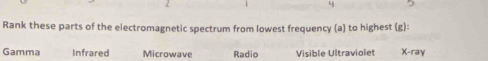 Rank these parts of the electromagnetic spectrum from lowest frequency (a) to highest (g):
Gamma Infrared Microwave Radio Visible Ultraviolet X -ray