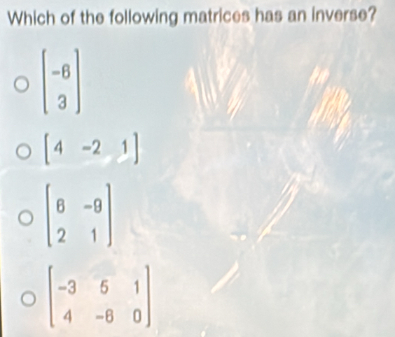 Which of the following matrices has an inverse?
beginbmatrix -6 3endbmatrix
[4-21]
beginbmatrix 6&-9 2&1endbmatrix
beginbmatrix -3&5&1 4&-6&0endbmatrix