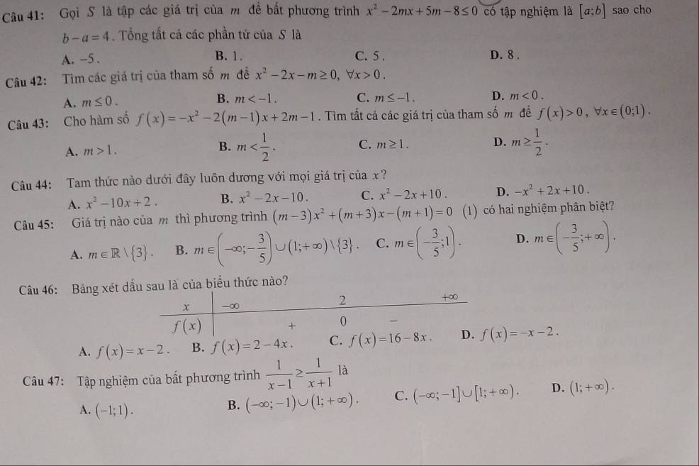 Gọi S là tập các giá trị của m đề bất phương trình x^2-2mx+5m-8≤ 0 có tập nghiệm là [a;b] sao cho
b-a=4. Tổng tất cả các phần tử của S là
A. -5 . B. 1. C. 5 . D. 8 .
Câu 42: Tìm các giá trị của tham số m đề x^2-2x-m≥ 0,forall x>0.
C.
A. m≤ 0. B. m m≤ -1. D. m<0.
Câu 43: Cho hàm số f(x)=-x^2-2(m-1)x+2m-1. Tìm tất cả các giá trị của tham số m đề f(x)>0,forall x∈ (0;1).
A. m>1. m C. m≥ 1. D. m≥  1/2 .
B.
Câu 44: Tam thức nào dưới đây luôn dương với mọi giá trị của x ?
A. x^2-10x+2. B. x^2-2x-10. C. x^2-2x+10. D. -x^2+2x+10.
Câu 45: Giá trị nào của m thì phương trình (m-3)x^2+(m+3)x-(m+1)=0 (1) có hai nghiệm phân biệt?
A. m∈ Rvee  3 . B. m∈ (-∈fty ;- 3/5 )∪ (1;+∈fty )vee  3 . C. m∈ (- 3/5 ;1). D. m∈ (- 3/5 ;+∈fty ).
Câu 46: Bảng xét dấu sau là của biểu thức nào?
A. f(x)=x-2. B. f(x)=2-4x. f(x)=-x-2.
Câu 47: Tập nghiệm của bất phương trình  1/x-1 ≥  1/x+1 1a
A. (-1;1).
B. (-∈fty ;-1)∪ (1;+∈fty ). C. (-∈fty ;-1]∪ [1;+∈fty ). D. (1;+∈fty ).