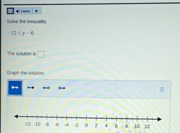 Listem 
Solve the inequality.
-12
The solution is □ . 
Graph the solution.