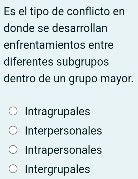 Es el tipo de conflicto en
donde se desarrollan
enfrentamientos entre
diferentes subgrupos
dentro de un grupo mayor.
Intragrupales
Interpersonales
Intrapersonales
Intergrupales