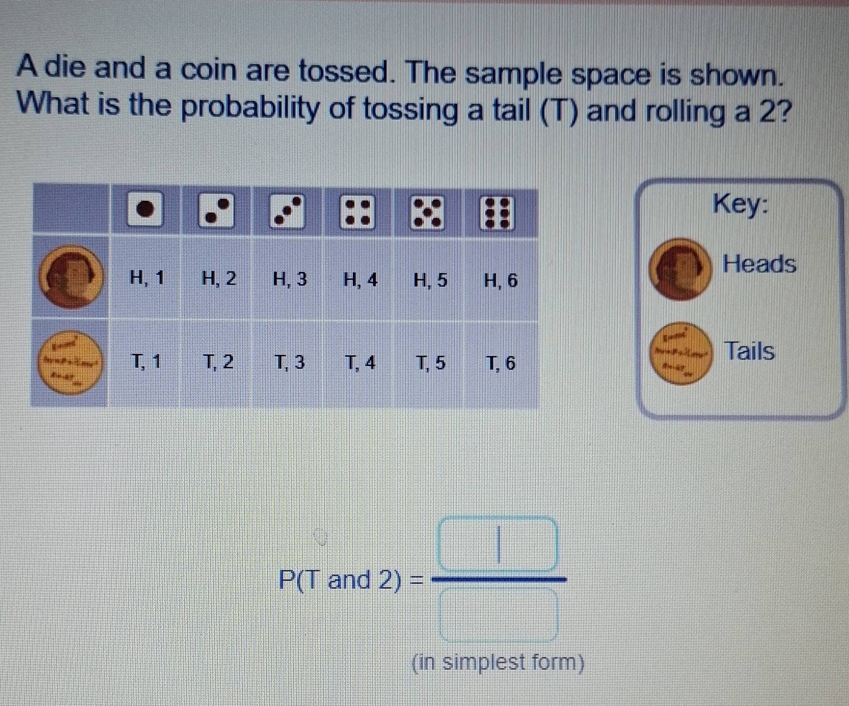 A die and a coin are tossed. The sample space is shown. 
What is the probability of tossing a tail (T) and rolling a 2? 
Key: 
Heads 
Tails
P(Tans2)= □ /□  
(in simplest form)