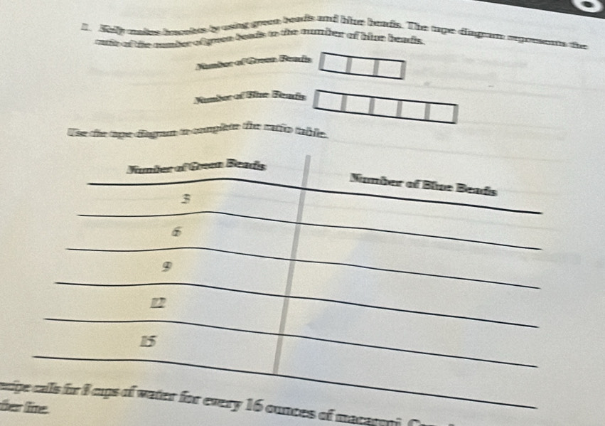 Kelly makes baeles ly asing green beads and blue haads. The tape diagram exponents the 
suie of the number of green boads to the auher of hiue heads 
Namber of Grean Banris 
Nambor of Blue Bends 
Use the tape disgram to complete the ratfo table. 
enices of macaroni 
üe