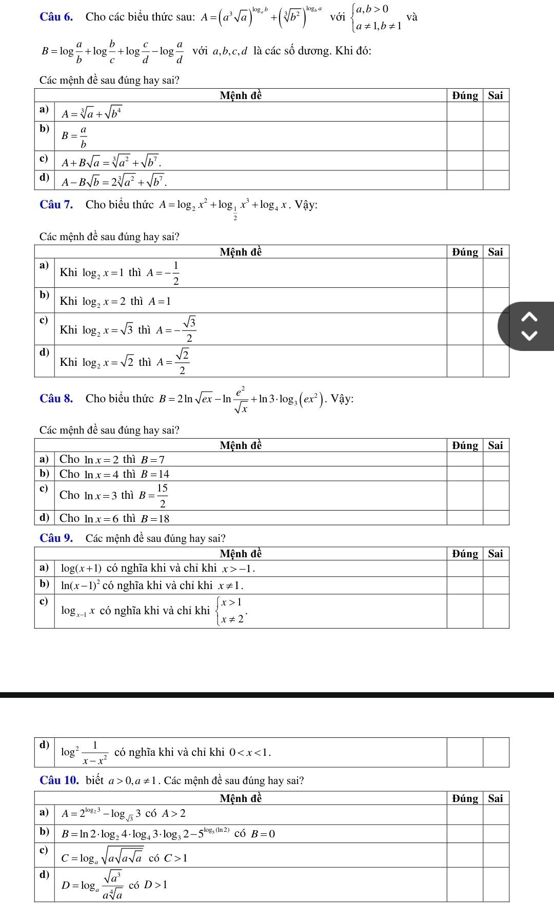 Cho các biểu thức sau: A=(a^3sqrt(a))^log _ab+(sqrt[3](b^2))^log _ba với beginarrayl a,b>0 a!= 1,b!= 1endarray. và
B=log  a/b +log  b/c +log  c/d -log  a/d  vhat Odot 1 l a,b,c,d là các số dương. Khi đó:
Câu 7. Cho biểu thức A=log _2x^2+log _ 1/2 x^3+log _4x. Vậy:
Các mệnh đề sauúng 
Câu 8. Cho biều thức B=2ln sqrt(ex)-ln  e^2/sqrt(x) +ln 3· log _3(ex^2).. Vậy:
Câu 9. Các mệnh đề sau đúng hay sai?
Mệnh đề Đúng Sai
a) log (x+1) có nghĩa khi và chỉ khi x>-1.
b) ln (x-1)^2 có nghĩa khi và chỉ khi x!= 1.
c)
logx có nghĩa khi và chỉ khi beginarrayl x>1 x!= 2^.endarray.