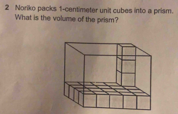 Noriko packs 1-centimeter unit cubes into a prism. 
What is the volume of the prism?