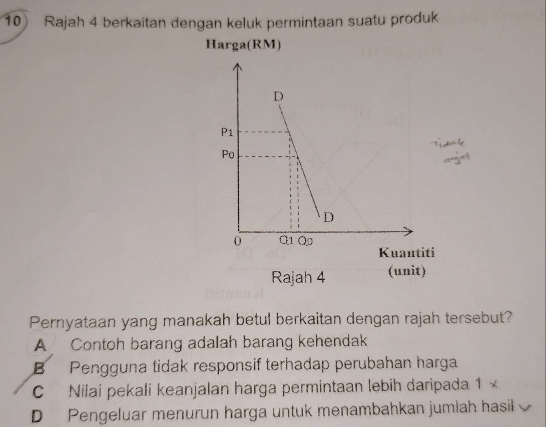 Rajah 4 berkaitan dengan keluk permintaan suatu produk
Harga(1 RM)
Pernyataan yang manakah betul berkaitan dengan rajah tersebut?
A Contoh barang adalah barang kehendak
B Pengguna tidak responsif terhadap perubahan harga
C Nilaí pekali keanjalan harga permintaan lebih daripada 1*
D Pengeluar menurun harga untuk menambahkan jumlah hasil