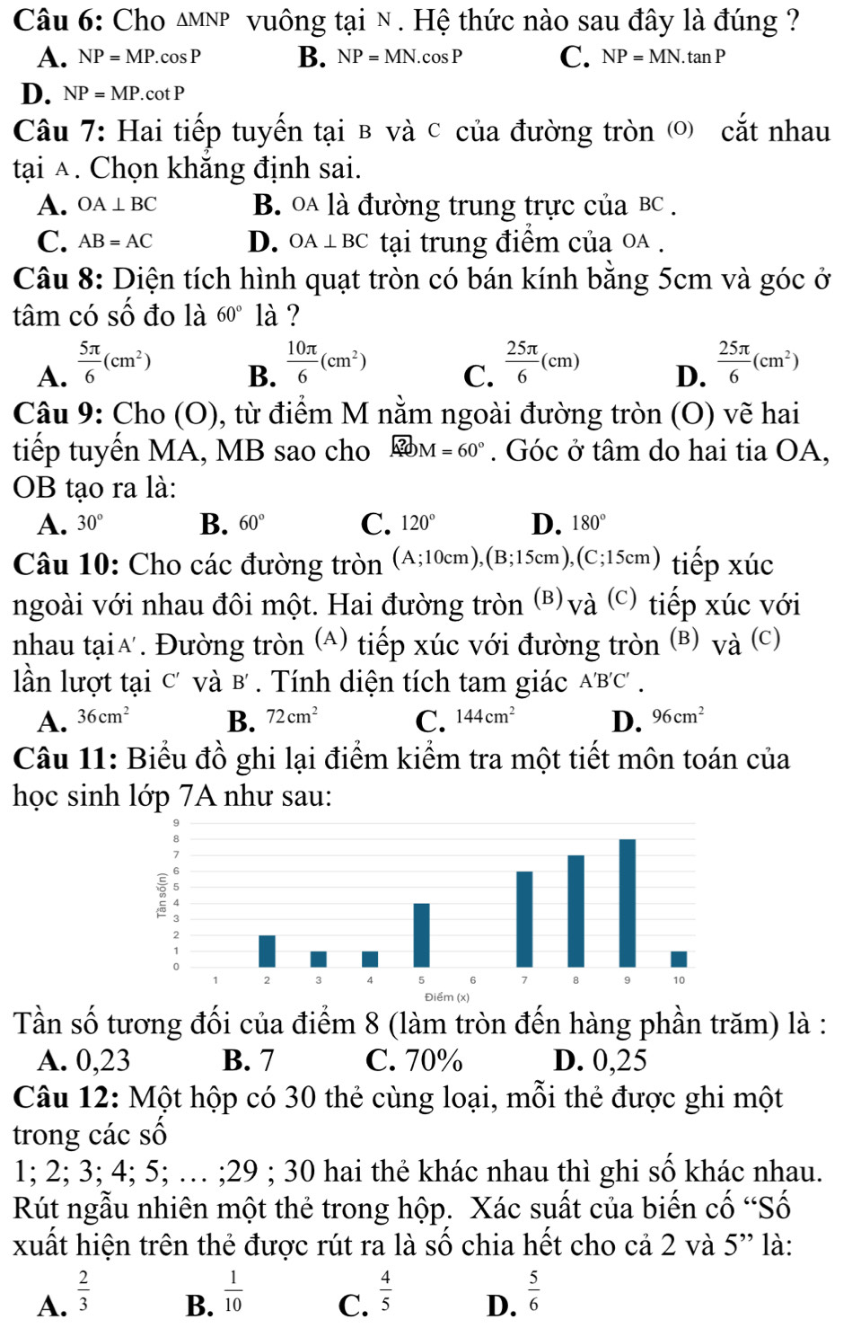 Cho Δμνρ vuông tại n . Hệ thức nào sau đây là đúng ?
A. NP=MP.cos P B. NP=MN.cos P C. NP=MN.tan P
D. NP=MP.cot P
Câu 7: Hai tiếp tuyến tại в và C của đường tròn ) cắt nhau
tại A. Chọn khăng định sai.
A. OA⊥ BC B. oa là đường trung trực của bCc .
C. AB=AC D. OA⊥ BC tại trung điểm của oa .
Câu 8: Diện tích hình quạt tròn có bán kính bằng 5cm và góc ở
tâm có: _ _ _  đo là 60° là ?
A.  5π /6 (cm^2)  10π /6 (cm^2)  25π /6 (cm)  25π /6 (cm^2)
B.
C.
D.
Câu 9: Cho (O), từ điểm M nằm ngoài đường tròn (O) vẽ hai
tiếp tuyến MA, MB sao cho A=60°. Góc ở tâm do hai tia OA,
OB tạo ra là:
A. 30° B. 60° C. 120° D. 180°
Câu 10: Cho các đường tròn (A;10cm),(B;15cm),(C;15cm) tiếp xúc
ngoài với nhau đôi một. Hai đường tròn B) va^((C)) tiếp xúc với
nhau tạia. Đường tròn (A) tiếp xúc với đường tròn (B) và (c)
lần lượt tại C' và B'. Tính diện tích tam giác A'B'C'.
A. 36cm^2 B. 72cm^2 C. 144cm^2 D. 96cm^2
Câu 11: Biểu đồ ghi lại điểm kiểm tra một tiết môn toán của
học sinh lớp 7A như sau:
Tần số tương đối của điểm 8 (làm tròn đến hàng phần trăm) là :
A. 0,23 B. 7 C. 70% D. 0,25
Câu 12: Một hộp có 30 thẻ cùng loại, mỗi thẻ được ghi một
trong các số
1; 2; 3; 4; 5; … ;29 ; 30 hai thẻ khác nhau thì ghi số khác nhau.
Rút ngẫu nhiên một thẻ trong hộp. Xác suất của biến cố “Số
xuất hiện trên thẻ được rút ra là số chia hết cho cả 2 và 5' là:
A.  2/3   1/10   4/5   5/6 
B.
C.
D.