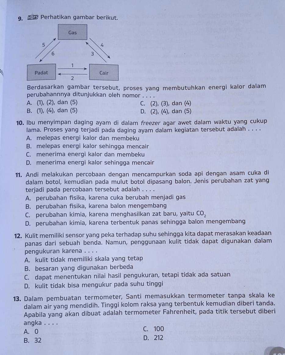 Perhatikan gambar berikut.
Berdasarkan gambar tersebut, proses yang membutuhkan energi kalor dalam
perubahannnya ditunjukkan oleh nomor . . . .
A. (1), (2), dan (5) C. (2), (3), dan (4)
B. (1), (4), dan (5) D. (2), (4), dan (5)
10. Ibu menyimpan daging ayam di dalam freezer agar awet dalam waktu yang cukup
lama. Proses yang terjadi pada daging ayam dalam kegiatan tersebut adalah . . . .
A. melepas energi kalor dan membeku
B. melepas energi kalor sehingga mencair
C. menerima energi kalor dan membeku
D. menerima energi kalor sehingga mencair
11. Andi melakukan percobaan dengan mencampurkan soda api dengan asam cuka di
dalam botol, kemudian pada mulut botol dipasang balon. Jenis perubahan zat yang
terjadi pada percobaan tersebut adalah . . . .
A. perubahan fisika, karena cuka berubah menjadi gas
B. perubahan fisika, karena balon mengembang
C. perubahan kimia, karena menghasilkan zat baru, yaitu CO_2
D. perubahan kimia, karena terbentuk panas sehingga balon mengembang
12. Kulit memiliki sensor yang peka terhadap suhu sehingga kita dapat merasakan keadaan
panas dari sebuah benda. Namun, penggunaan kulit tidak dapat digunakan dalam
pengukuran karena . . . .
A. kulit tidak memiliki skala yang tetap
B. besaran yang digunakan berbeda
C. dapat menentukan nilai hasil pengukuran, tetapi tidak ada satuan
D. kulit tidak bisa mengukur pada suhu tinggi
13. Dalam pembuatan termometer, Santi memasukkan termometer tanpa skala ke
dalam air yang mendidih. Tinggi kolom raksa yang terbentuk kemudian diberi tanda.
Apabila yang akan dibuat adalah termometer Fahrenheit, pada titik tersebut diberi
angka . . . .
A. 0 C. 100
B. 32 D. 212