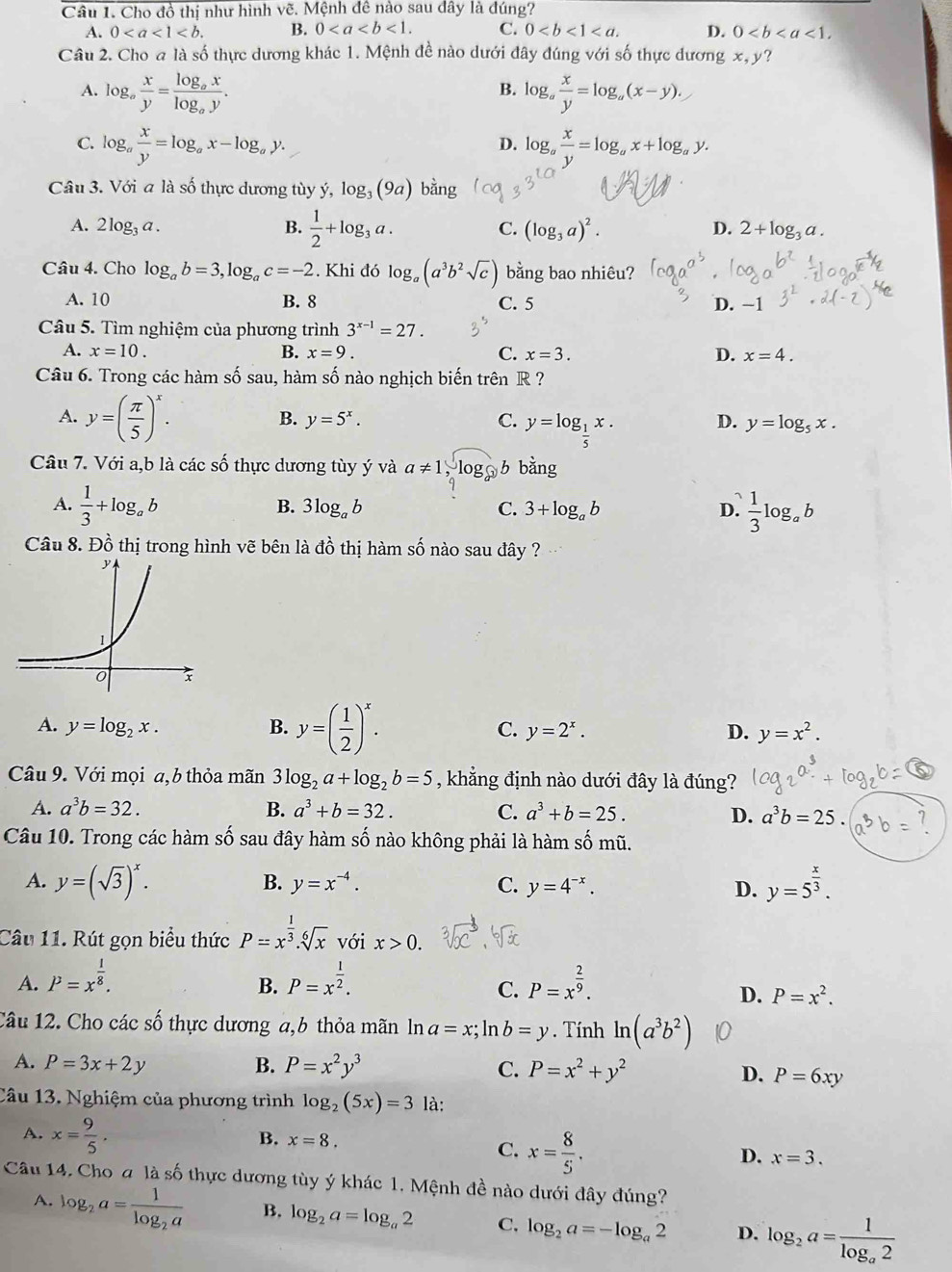 Cho đồ thị như hình vẽ. Mệnh đê nào sau dây là dúng?
A. 0 B. 0<1. C. 0 D. 0<1,
Câu 2. Cho a là số thực dương khác 1. Mệnh đề nào dưới đây đúng với số thực đương x, y?
A. log _a x/y =frac log _axlog _ay. log _a x/y =log _a(x-y).
B.
C. log _a x/y =log _ax-log _ay. log _a x/y =log _ax+log _ay.
D.
Câu 3. Với a là số thực dương tùy ý, log _3(9a) bằng
A. 2log _3a. B.  1/2 +log _3a. (log _3a)^2. 2+log _3a.
C.
D.
Câu 4. Cho log _ab=3,log _ac=-2. Khi đó log _a(a^3b^2sqrt(c)) bằng bao nhiêu?
A. 10 B. 8 C. 5 D. −1
Câu 5. Tìm nghiệm của phương trình 3^(x-1)=27.
A. x=10. B. x=9. C. x=3. D. x=4.
Câu 6. Trong các hàm số sau, hàm số nào nghịch biến trên R ?
A. y=( π /5 )^x.
B. y=5^x. C. y=log _ 1/5 x.
D. y=log _5x.
Câu 7. Với a,b là các số thực dương tùy ý và a!= 1,log _a b bằng
A.  1/3 +log _ab  1/3 log _ab
B. 3log _ab C. 3+log _ab D.
Câu 8. Đồ thị trong hình vẽ bên là đồ thị hàm số nào sau đây ?
A. y=log _2x. B. y=( 1/2 )^x. C. y=2^x. D. y=x^2.
Câu 9. Với mọi a, b thỏa mãn 3log _2a+log _2b=5 , khẳng định nào dưới đây là đúng?
A. a^3b=32. B. a^3+b=32. C. a^3+b=25.
D. a^3b=25.
Câu 10. Trong các hàm số sau đây hàm số nào không phải là hàm số mũ.
A. y=(sqrt(3))^x. y=5^(frac x)3.
B. y=x^(-4). C. y=4^(-x). D.
Câu 11. Rút gọn biểu thức P=x^(frac 1)3.sqrt[6](x) với x>0.
A. P=x^(frac 1)8. P=x^(frac 1)2. P=x^(frac 2)9.
B.
C.
D. P=x^2.
Câu 12. Cho các số thực dương a,b thỏa mãn ln a=x; ln b=y. Tính ln (a^3b^2)
A. P=3x+2y B. P=x^2y^3 C. P=x^2+y^2 D. P=6xy
Câu 13. Nghiệm của phương trình log _2(5x)=3 là:
A. x= 9/5 .
B. x=8. C. x= 8/5 .
D. x=3.
Câu 14. Cho a là số thực dương tùy ý khác 1. Mệnh đề nào dưới đây đúng?
A. log _2a=frac 1log _2a B. log _2a=log _a2 C. log _2a=-log _a2 D. log _2a=frac 1log _a2