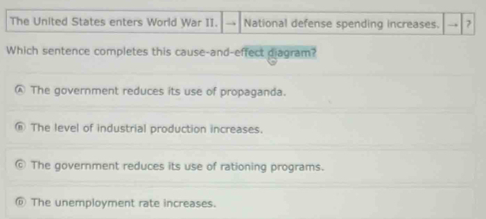 The United States enters World War II. National defense spending increases. 7
Which sentence completes this cause-and-effect piagram?
A The government reduces its use of propaganda.
⑥ The level of industrial production increases.
The government reduces its use of rationing programs.
The unemployment rate increases.