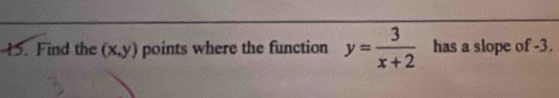 Find the (x,y) points where the function y= 3/x+2  has a slope of -3.