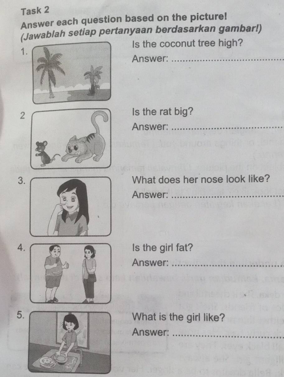 Task 2 
Answer each question based on the picture! 
(Jawablah setiap pertanyaan berdasarkan gambar!) 
Is the coconut tree high? 
1 
Answer:_ 
2 
Is the rat big? 
Answer:_ 
3What does her nose look like? 
Answer:_ 
4Is the girl fat? 
Answer:_ 
5What is the girl like? 
Answer:_