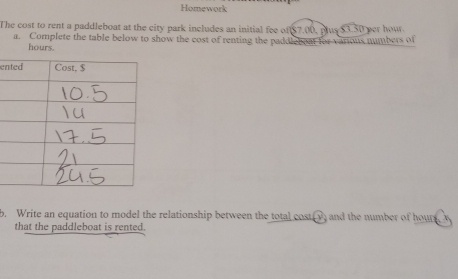 Homework 
The cost to rent a paddleboat at the city park includes an initial fee of $7.00, plus $3.50 per hou. 
a. Complete the table below to show the cost of renting the paddleboat for various numbers of
hours. 
en 
b. Write an equation to model the relationship between the total costi and the number of houre. 
that the paddleboat is rented.