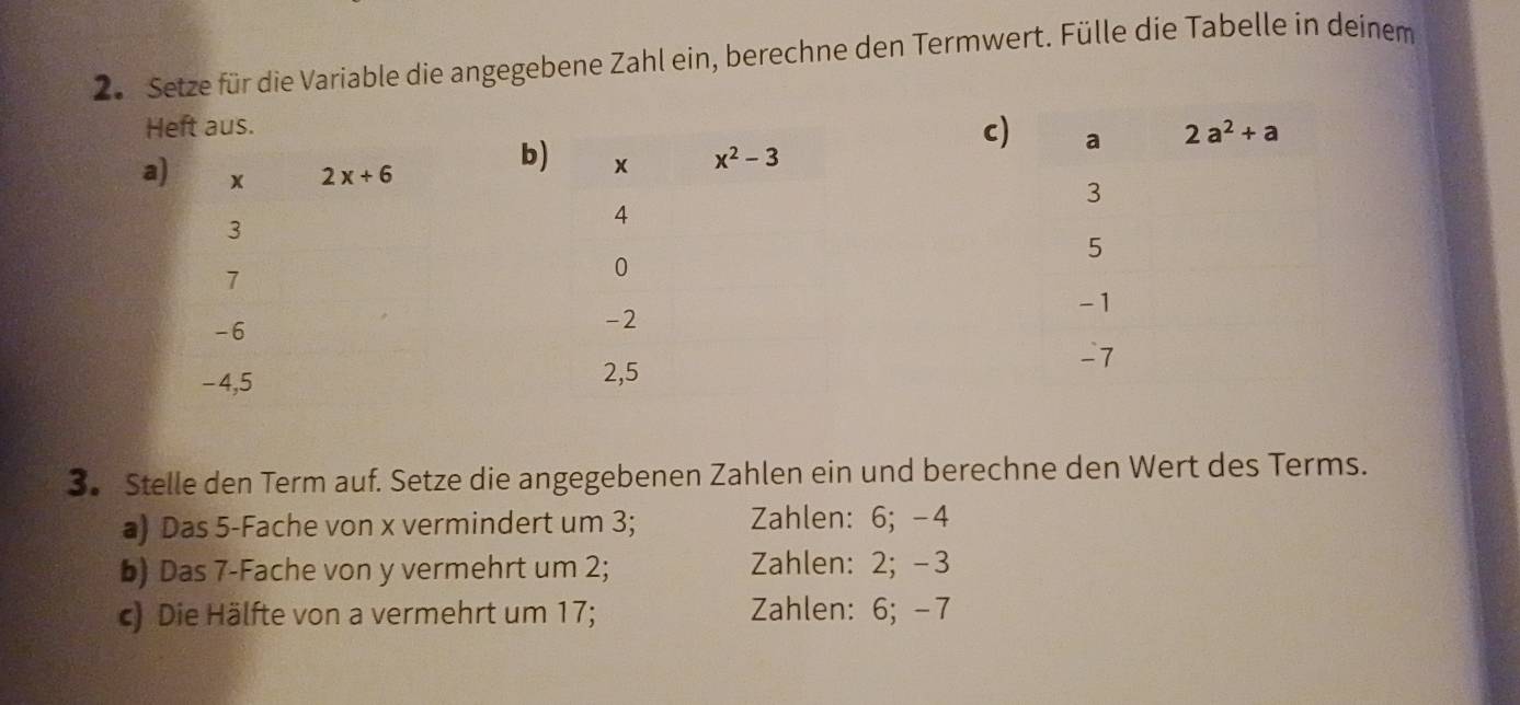 2e Setze für die Variable die angegebene Zahl ein, berechne den Termwert. Fülle die Tabelle in deinem
Heft aus.
c)
a) x 2x+6
b)
3
7
-6
-4,5 
3. Stelle den Term auf. Setze die angegebenen Zahlen ein und berechne den Wert des Terms.
a) Das 5-Fache von x vermindert um 3; Zahlen: 6; -4
b) Das 7-Fache von y vermehrt um 2; Zahlen: 2; -3
c) Die Hälfte von a vermehrt um 17; Zahlen: 6; -7