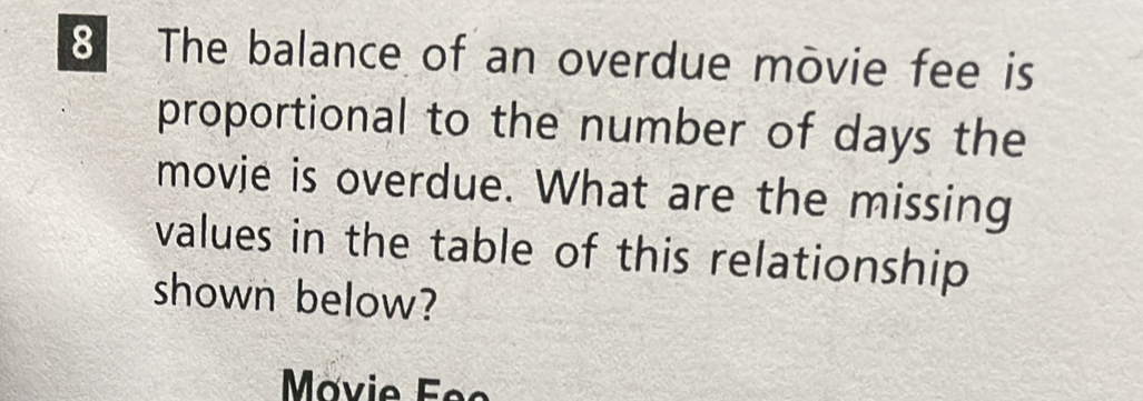 The balance of an overdue movie fee is 
proportional to the number of days the 
movie is overdue. What are the missing 
values in the table of this relationship 
shown below? 
Mavie Feo