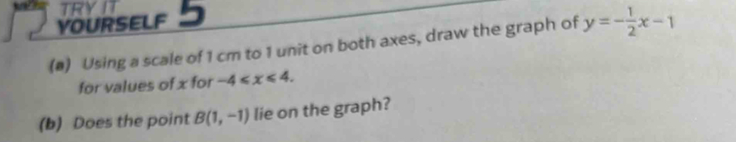 YOURSELF 5 
(a) Using a scale of 1 cm to 1 unit on both axes, draw the graph of y=- 1/2 x-1
for values of x for -4≤slant x≤slant 4. 
(b) Does the point B(1,-1) lie on the graph?