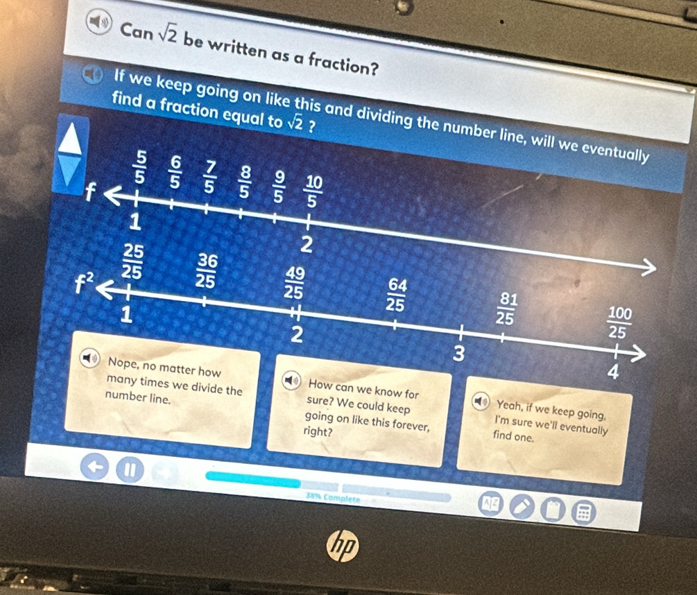 Can sqrt(2) be written as a fraction?
find a fraction equal to sqrt(2) ?
If we keep going on like this and dividing the number line, will we eventually
▲  5/5   6/5   7/5   8/5   9/5   10/5 
f
1
4
0 How can we know for  Yeah, if we keep going,
many times we divide the sure? We could keep I'm sure we'll eventually
number line. going on like this forever,
right?
find one.
38% Complete