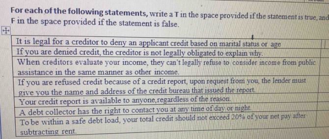 For each of the following statements, write a T in the space provided if the statement is true, and 
F in the space provided if the statement is false.