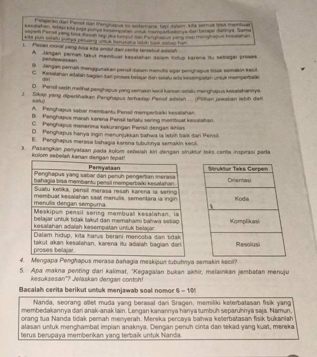 Palajaran dari Pensil dan Penghapus ini sedemana, tạpi dalam: kita semua bisa membuat
kesalahan, tetapi kita juga punya kešampatan untuk memperbaikinya dan belajar darinya. Sama
seperti Pensil yang bisa diasah lagi aka tumpul dan Penghapus yang siap menghapus kessishan
kita pun selalu punya peluang untuk herusaha lebih baik sellap han.
1. Pesan moral yang hisa kita ambil dari cerite tersebut adalah
A. Jangan pernah takut membuat kesaiahan delam hidup karena itu sebagai proses
pendewasaan
B  Jangan pernah menggunakan pensil dalam menulis agar penghapus tidak semakin kecil
C Kesalahan adalah bagian dan proses belajar dan selalu ada kesempatan untuk memperbaiko
dir
D. Pensil sedih melihat penghapus yang semakin kecil karean selalu menghapus kesalahannya
2. Sikap yang diperlihatkan Penghapus terhadap Pensil adalah ... (Pilihan jawaban lebih dari
satu)
A. Penghapus sabar membantu Pensil memperbaiki kesalahan
B. Penghapus marah karena Pensil terlalu sering membuat kesalahan.
C. Penghapus menerima kekurangan Pensil dengan ikhlas
D. Penghapus hanya ingin menunjukkan bahwa ia lebih baik dari Pensil
E. Penghapus merasa bahagia karena tubuhnya semakin kecil
3. Pasangkan penyataan pada kolom sebelah kiri dengan struktur teks cerita inspirasi pada
kolom sebelah ka
Mengapa Penghapus merasa bahagia meskipun tubuhnya semakin kecil?
5. Apa makna penting dari kalimat, “Kegagalan bukan akhir, melainkan jembatan menuju
kesuksesan"? Jelaskan dengan contoh!
Bacalah cerita berikut untuk menjawab soal nomor 6 - 10!
Nanda, seorang atlet muda yang berasal dari Sragen, memiliki keterbatasan fisik yang
membedakannya dari anak-anak lain. Lengan kanannya hanya tumbuh separuhnya saja. Namun,
orang tua Nanda tidak pernah menyerah. Mereka percaya bahwa keterbatasan fisik bukanlah
alasan untuk menghambat impian anaknya. Dengan penuh cinta dan tekad yang kuat, mereka
terus berupaya memberikan yang terbaik untuk Nanda.