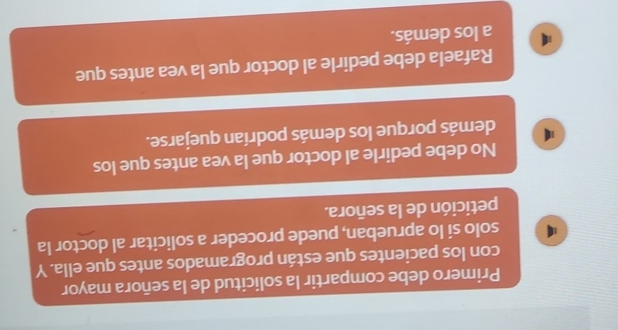 Primero debe compartir la solicitud de la señora mayor
con los pacientes que están programados antes que ella. Y
solo si lo aprueban, puede proceder a solicitar al doctor la
petición de la señora.
No debe pedirle al doctor que la vea antes que los
1 demás porque los demás podrían quejarse.
Rafaela debe pedirle al doctor que la vea antes que
a los demás.