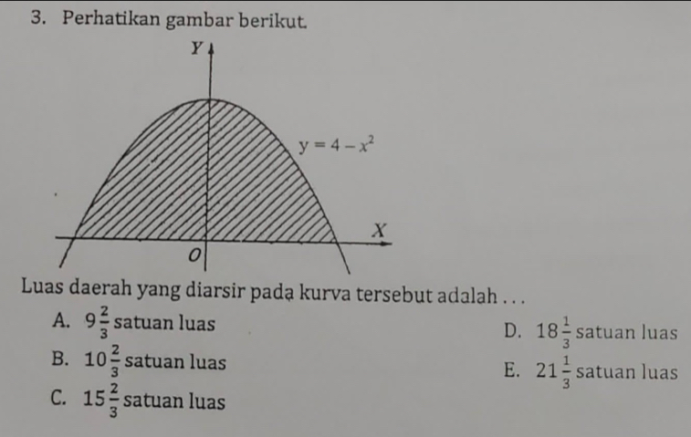 Perhatikan gambar berikut.
Luas daerah yang diarsir pada kurva tersebut adalah . . .
A. 9 2/3  sat uan luas luas
D. 18 1/3 satuan
B. 10 2/3 satuanluas E. 21 1/3 satuan luas
C. 15 2/3 satuanluas