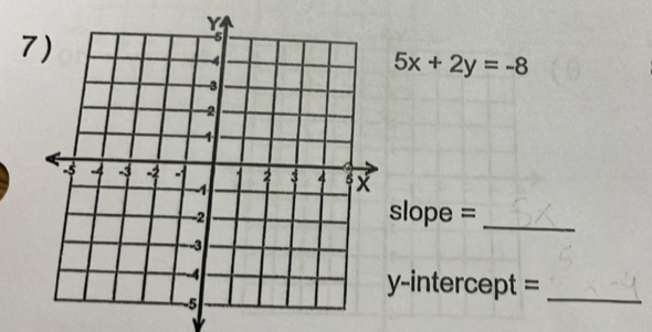 5x+2y=-8
slope =_ 
y-intercept =_