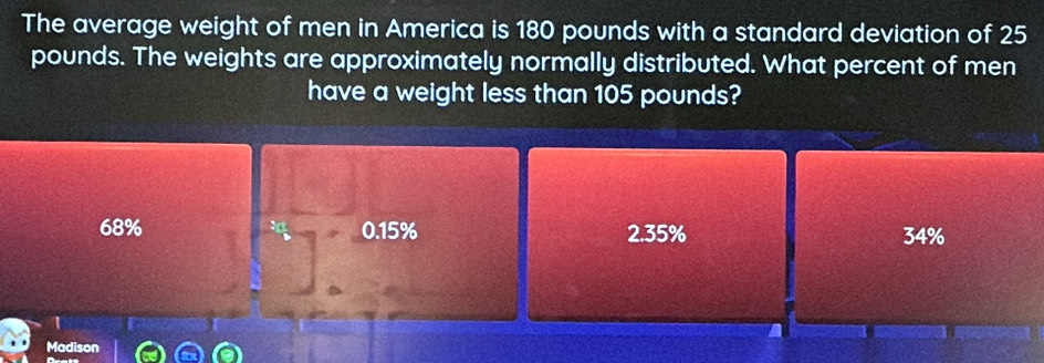 The average weight of men in America is 180 pounds with a standard deviation of 25
pounds. The weights are approximately normally distributed. What percent of men
have a weight less than 105 pounds?
68% 0.15% 2.35% 34%
T
Madison