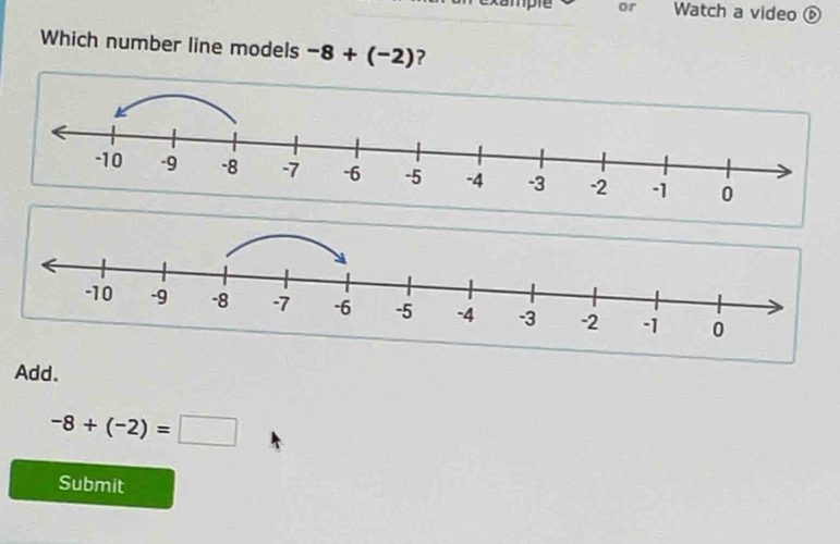 ample or Watch a video 
Which number line models -8+(-2) ? 
Add.
-8+(-2)=□
Submit