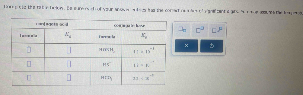 Complete the table below. Be sure each of your answer entries has the correct number of significant digits. You may assume the temperatu
□ _□  □^(□) □ * 10^(□)
×