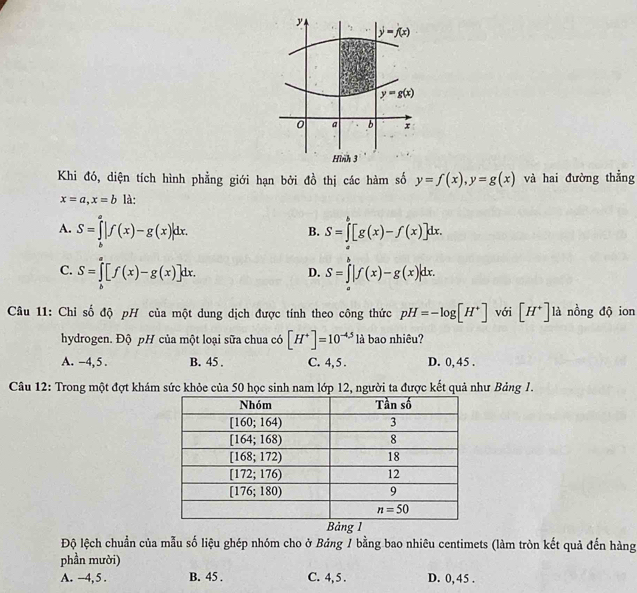 y=f(x)
y=g(x)
0 a b x
Hình 3
Khi đó, diện tích hình phẳng giới hạn bởi đồ thị các hàm số y=f(x),y=g(x) và hai đường thẳng
x=a,x=b là:
A. S=∈tlimits _b^(a|f(x)-g(x)|dx. S=∈tlimits [g(x)-f(x)]dx.
B.
C. S=∈tlimits _b^a[f(x)-g(x)]dx. S=∈tlimits _a^b|f(x)-g(x)|dx.
D.
Câu 11: Chỉ số độ pH của một dung dịch được tính theo công thức pH=-log [H^+)] với [H^+] là nồng độ ion
hydrogen. Độ pH của một loại sữa chua có [H^+]=10^(-4.5) là bao nhiêu?
A. −4,5 . B. 45 . C. 4, 5 . D. 0, 45 .
Câu 12: Trong một đợt khám sức khỏe của 50 học sinh nam lớp 12, người ta được kết quả như Bảng 1.
Bảng 1
Độ lệch chuẩn của mẫu số liệu ghép nhóm cho ở Bảng 1 bằng bao nhiêu centimets (làm tròn kết quả đến hàng
phần mười)
A. -4, 5 . B. 45 . C. 4, 5 . D. 0, 45 .