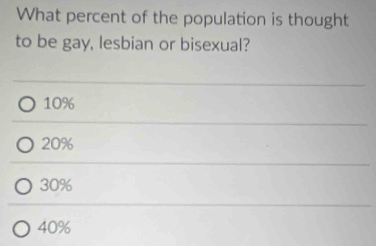 What percent of the population is thought
to be gay, lesbian or bisexual?
10%
20%
30%
40%