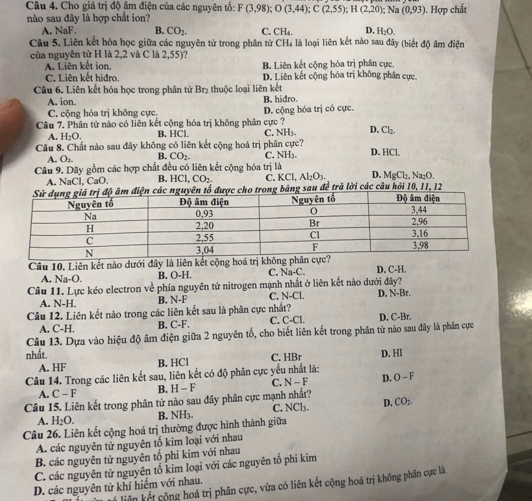 Cho giá trị độ âm điện của các nguyên tố: F(3,98);O(3,44);C(2,55);H(2,20);Na(0,93). Hợp chất
nào sau đây là hợp chất ion?
A. NaF. B. CO_2. C. CH_4. D. H_2O.
Câu 5. Liên kết hóa học giữa các nguyên tử trong phân tử CH_4 là loại liên kết nào sau đây (biết độ âm điện
của nguyên tử H là 2,2 và C là 2,55)?
A. Liên kết ion. B. Liên kết cộng hóa trị phân cực.
C. Liên kết hiđro. D. Liên kết cộng hóa trị không phân cực.
Câu 6. Liên kết hóa học trong phân tử Br_2 thuộc loại liên kết
A. ion. B. hiđro.
C. cộng hóa trị không cực. D. cộng hóa trị có cực.
Câu 7. Phân tử nào có liên kết cộng hóa trị không phân cực ?
D.
A. H_2O. B. HCl. C. NH_3. Cl_2.
Câu 8. Chất nào sau đây không có liên kết cộng hoá trị phân cực?
A. O_2.
B. CO_2. C. NH_3. D. HCl.
Câu 9. Dãy gồm các hợp chất đều có liên kết cộng hóa trị là
A. NaCl, CaO. B. HCl,CO_2.
C. KCl,Al_2O_3. D. MgCl_2,Na_2O.
g bảng sau đề trả lời các câu hỏi 10, 11, 12
Câu 10. Liên kết nào dưới đây là liên kết cộng hoá trị 
A. Na-O. B. O-H. C. Na-C. D. C-H.
Câu 11. Lực kéo electron về phía nguyên tử nitrogen mạnh nhất ở liên kết nào dưới đây?
A. N-H. B. N-F C. N-Cl. D. N-Br.
Câu 12. Liên kết nào trong các liên kết sau là phân cực nhất?
A. C-H. B. C-F. C. C-Cl. D. C-Br.
Câu 13. Dựa vào hiệu độ âm điện giữa 2 nguyên tố, cho biết liên kết trong phân tử nào sau đây là phân cực
nhất. D. HI
A. HF B. HCl C. HBr
Câu 14. Trong các liên kết sau, liên kết có độ phân cực yếu nhất là:
C. N-F
D. O-F
A. C-F B. H - F
Câu 15. Liên kết trong phân tử nào sau đây phân cực mạnh nhất?
A. H_2O. B. NH3. C. NCl₃. D. CO_2.
Câu 26. Liên kết cộng hoá trị thường được hình thành giữa
A. các nguyên tử nguyên tố kim loại với nhau
B. các nguyên tử nguyên tố phi kim với nhau
C. các nguyên tử nguyên tố kim loại với các nguyên tố phi kim
liến kết cộng hoá trị phân cực, vừa có liên kết cộng hoá trị không phân cực là
D. các nguyên tử khí hiếm với nhau.