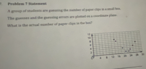 Problem 7 Statement 
A group of students are guessing the number of paper clips in a small box. 
The guesses and the guessing errors are plotted on a coordinate plane. 
What is the actual number of paper clips in the box?
12
s0
6
1
4 B 12 16 20 24 78 12
_