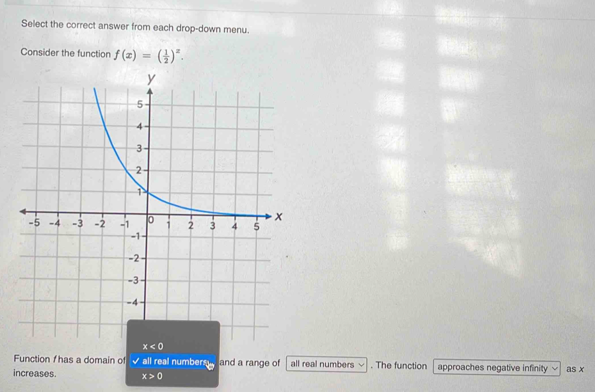 Select the correct answer from each drop-down menu. 
Consider the function f(x)=( 1/2 )^x.
x<0</tex> 
Function f has a domain of √ all real numbers and a range of all real numbers . The function approaches negative infinity 
increases. x>0 as x