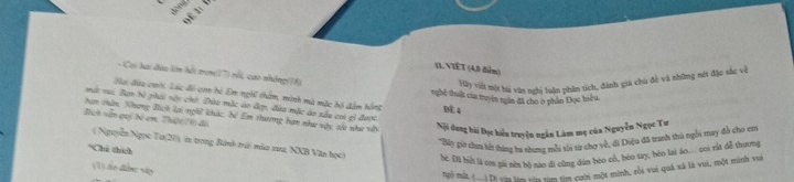 I1 VIÊT (43 điểm) 
- Coi lai đào lớm hội trm(77) rỗi, cao nhỏng(78) 
Hy vit một hại văn nghi luân phân tích, đành gia chụ đề và những nét đặc sắc về 
Bai đào cuời. Lác đó con hó Em nghĩ thầm, mình mà mặc hộ dàm hồng D £ 4
nghệ thuậc của truyện ngàn đã cho ờ phần Đọc hiệu 
mớ vui, Ban bò phải vận chh. Đào mặc áo đợp, đàa mặc áo xấu coi gi được. 
ham thân, Nhưng Bích lai nghĩ khác, bố Em thương bạn như vậc, sựu như với Nội đung hài Đọc hiểu truyện ngắn Làm mẹ của Nguyễn Ngọc Tư 
Rch sẫn gu N em. Thứt T0 đã 
'Bày giờ chưa bết thinh ha thin: mỗi tối từ chợ về, đi Diệu đã tranh thủ ngôi may đồ cho cr 
( Nguyễn Ngọc Tư(20), in trong Bánh trái mùa xua, NXB Văn học) hé Đi hiế là cm mà nêm bố nạo đi cũng đún bèo có, bộo tay, bèo lai 4o... coi rát đễ thương 
*Chú thích 
(T) ầo đễng vậy 
mg mật ) Di vận bin ậu nam tim cuời một minh, rỗi vui quá xã là vui, một minh vui