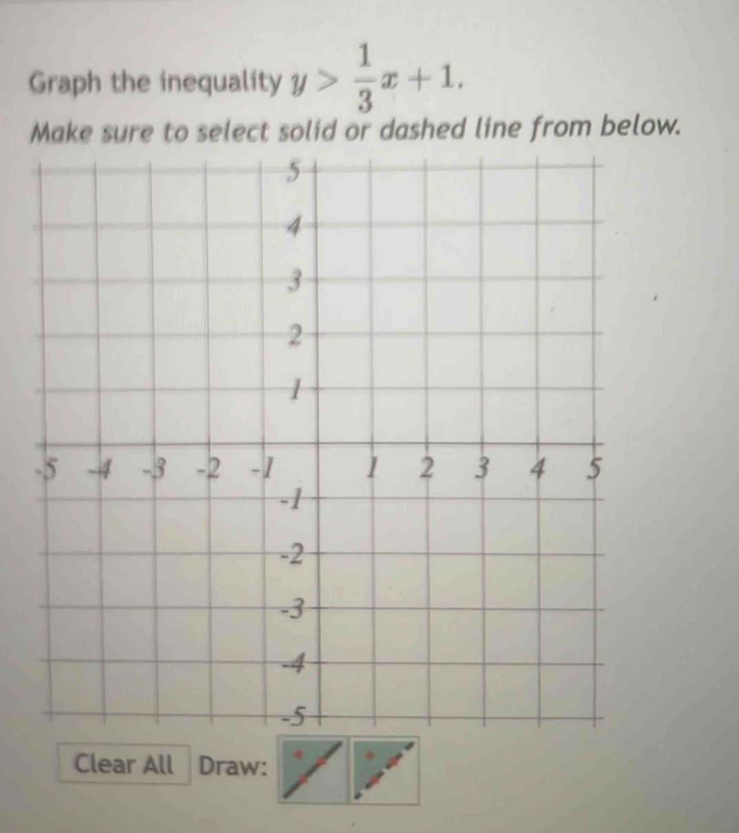 Graph the inequality y> 1/3 x+1. 
Make sure to select solid or dashed line from below. 
Clear All Draw: